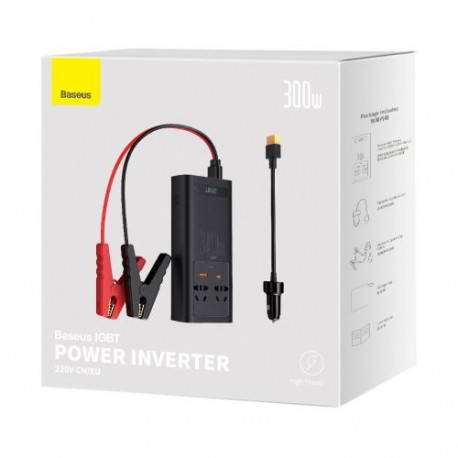 Baseus Car Power Inverter IGBT 300W/ 220V (C+U + Dual EU plug) with 12V clamp cables (0.40m) and Cig