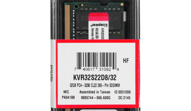Kingston Technology ValueRAM KVR32S22D8/32 mälumoodul 32 GB 1 x 32 GB DDR4 3200 MHz