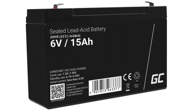 Green Cell AGM40 UPS aku suletud pliiaku (VRLA) 6 V 15 Ah