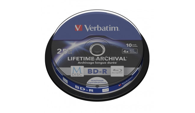 VERBATIM BD-R BLU-RAY 25GB 4X PRINTABLE M-DISC ARCHIVAL CAKE*10 43825