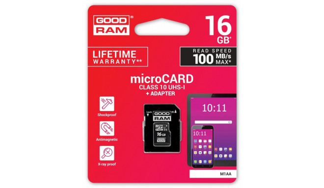 Goodram mälukaart microSDHC 16GB Class 10 + adapter
