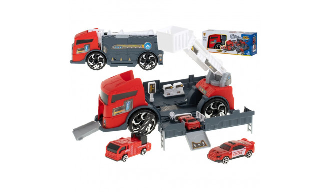 Transporter veoauto TIR 2in1 parkimismaja tuletõrje + 3 autot punane