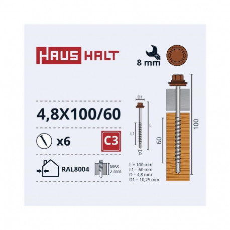 SELF SCR 4,8X100/ 60WO+EMPD RAL8004 6PCS