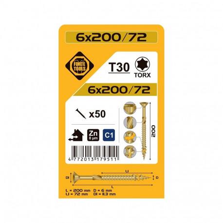 puitlaastplaatkruvi T30 6.0x200/72 kollane tsink (50)