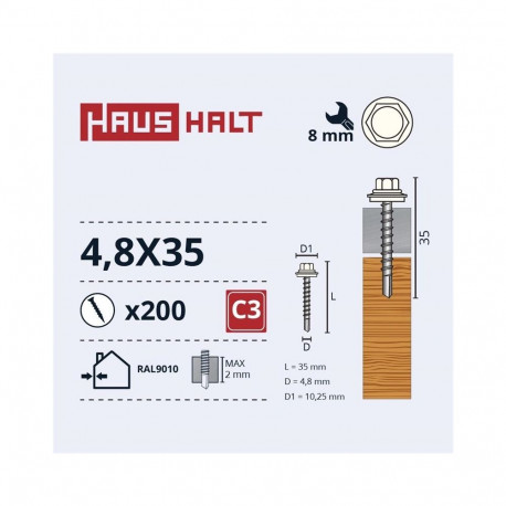 isekeermestuv kruvi 4,8x35 puit+EPDM RAL9010 (200)