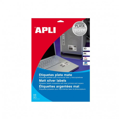 Etiketid Apli 45,7 x 21,2mm, 20 l, ümar nurk, hõbe, v-kindel, laserpr-le