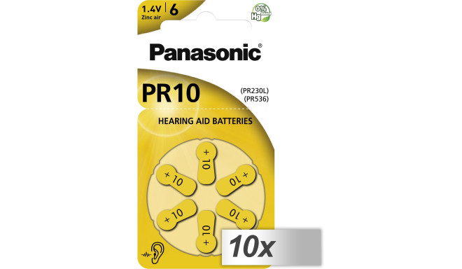 10x1 Panasonic PR 10 Hearing Aid Batteries Zinc Air 6 pcs.