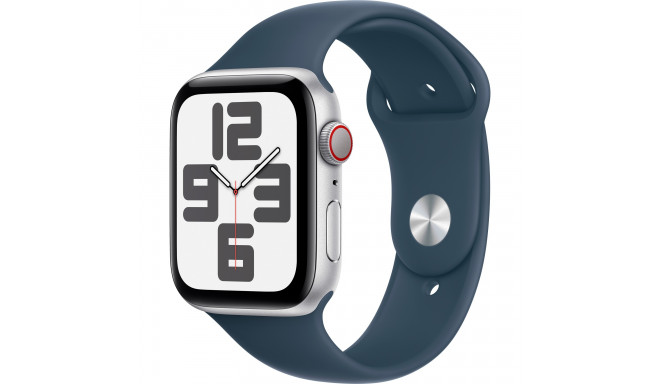 Apple Watch SE (2023), Smartwatch (silver/blue, 44 mm, sports strap, aluminum, cellular)