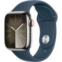 Apple Watch Series 9, Smartwatch (silver/dark blue, stainless steel, 41 mm, sports strap, cellular)