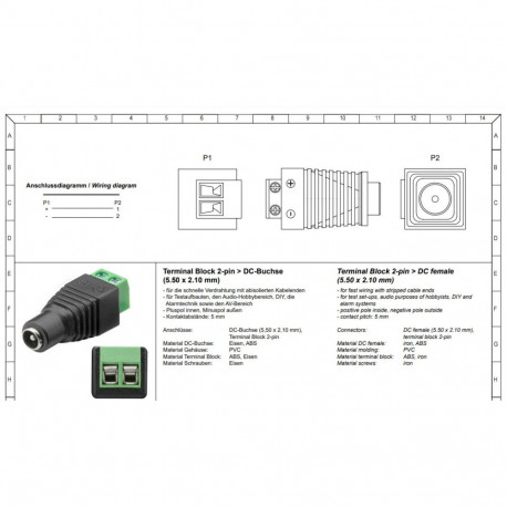 PremiumCord adaptor DC female (5.50 x 2.10 mm) - Terminal block 2 pin