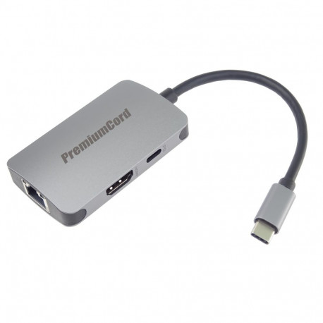 PremiumCord USB-C na HDMI + RJ45 + PD adapter, Aluminium Shell