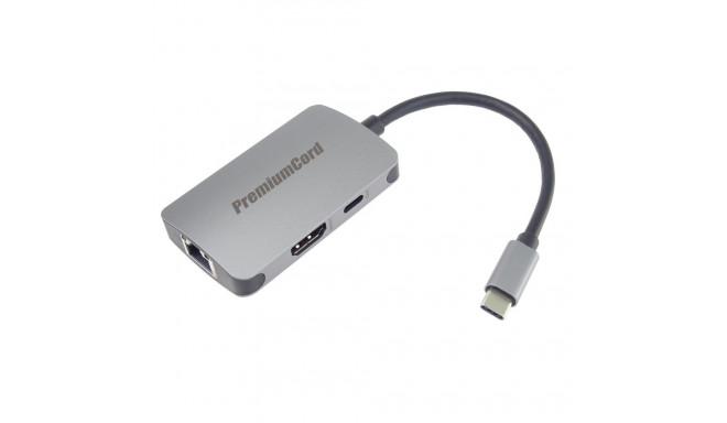 PremiumCord USB-C na HDMI + RJ45 + PD adapter, Aluminium Shell
