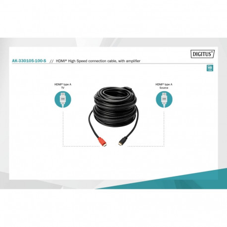 DIGITUS HDMI 3D connection cable, with amplifier, Type A 15.00m, CU, AWG28, 2x shielded, M/M, UL, go