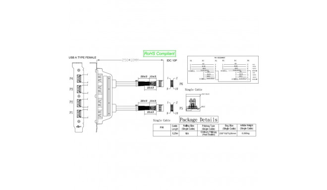 PremiumCord USB slot bracket (4x type A) spec. wiring