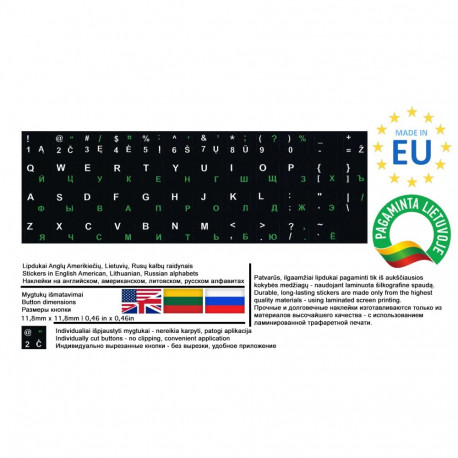 Keyboard stickers - EN-US/LT/RU - 11,8 mm x 11,8 mm | 0,46 in x 0,46 in - Laminated, Individually cu