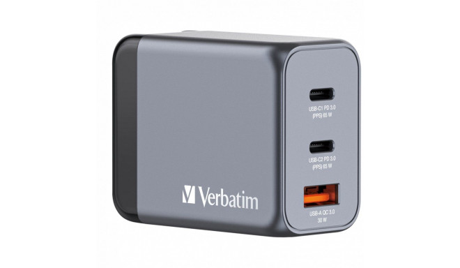 USB-laadija seinapesasse Verbatim GaN 65W, 2xUSB-C Power Delivery (PD3.0), USB-A Qualcomm QuickCharg