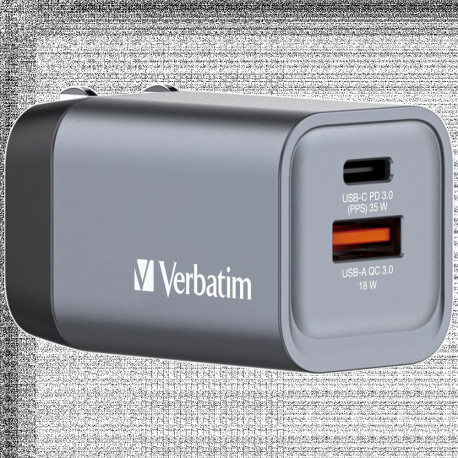 USB-laadija seinapesasse Verbatim GaN 35W, USB-C Power Delivery (PD3.0), USB-A Qualcomm QuickCharge 