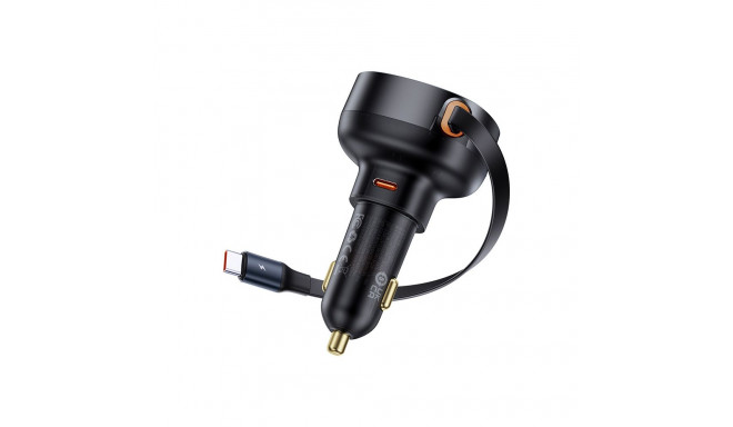 Auto kiirlaadija 60 W 12–24 V USB-C QC4.0 PD3.0 koos sissetõmmatava 0,7 m USB-C kaabliga, must