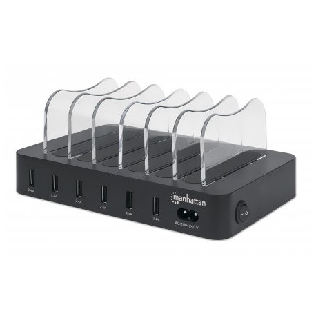 Manhattan laadimisjaam, 6x USB-A porti, väljundid: 6x 2.4A, Smart IC, LED-indikaatorid, must, kolmea