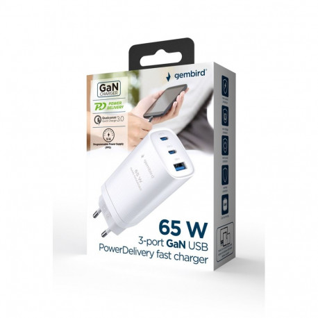 Gembird TA-UC-PDQC65-01-W 3-pordiline 65 W GaN USB PowerDelivery kiirlaadija, valge