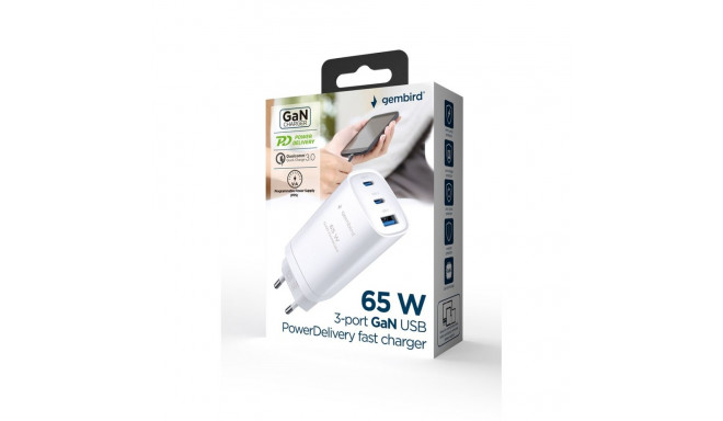 Gembird TA-UC-PDQC65-01-W 3-port 65 W GaN USB PowerDelivery fast charger, white