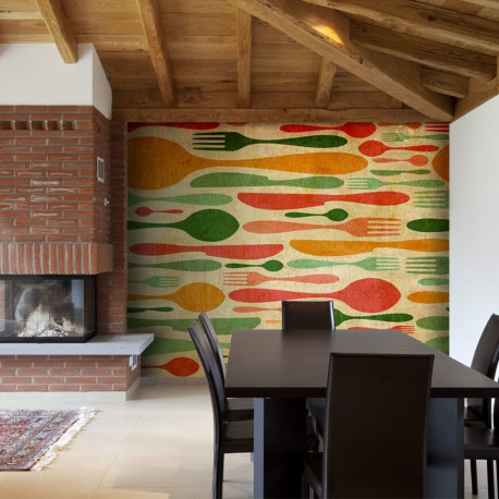 Fototapeet - Cutlery - orange and green - 250x193