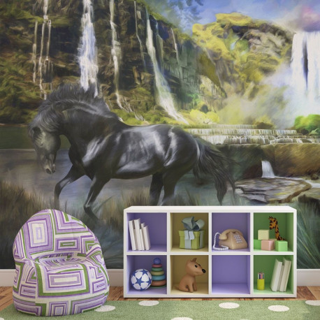 Fototapeet - Horse on the background of sky-blue waterfall - 400x309