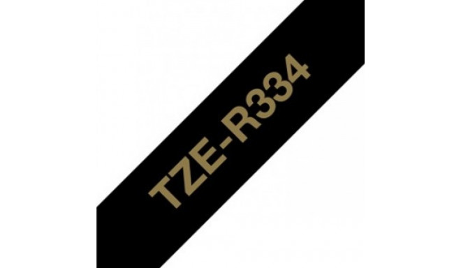 BROTHER TZE-R334 SATIN TAPE - GOLD TEXT ON BLACK RIBBON, 12MM