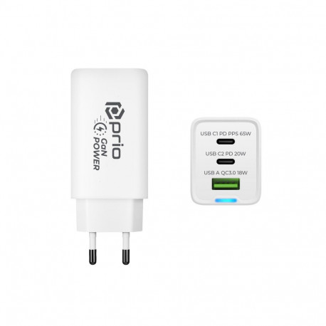 Prio Fast Charge Wall Charger 65W PD USB C1 +C2+ QC 3.0 USB A white