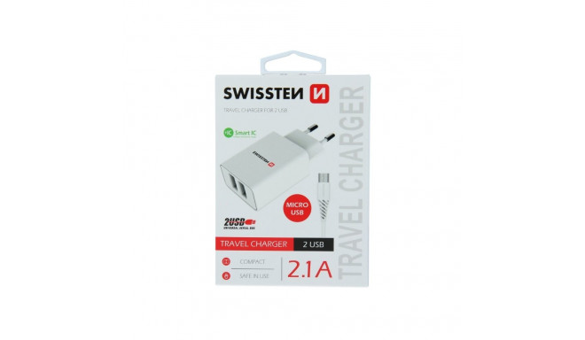 Swissten Smart IC Tīkla Lādētājs 2x USB 2.1A ar Micro USB vadu 1.20 m Balts