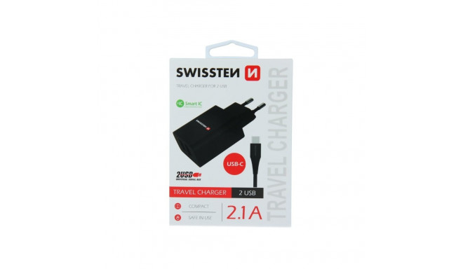 Swissten Smart IC Tīkla Lādētājs 2x USB 2.1A ar USB-C vadu 1.2 m Melns