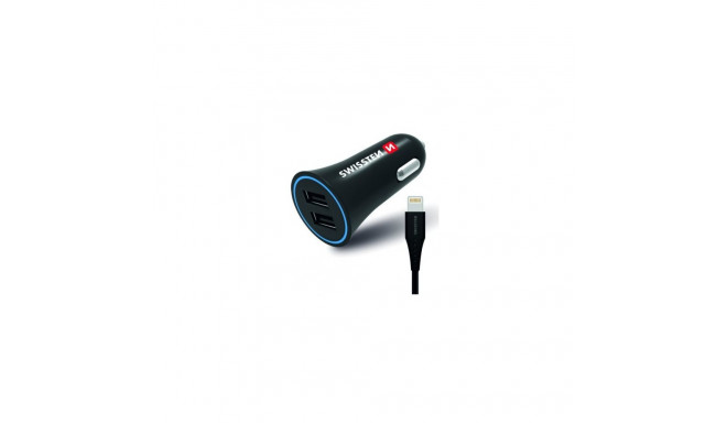 Swissten Premium Auto Lādētājs 12 / 24V / 1A + 2.1A + Lightning Datu Kabelis 100 cm Melns
