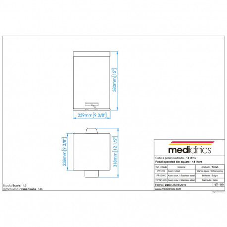 MEDICLINICS PP1214CS Square Waste Bin With Pedal, 12 L, Satin