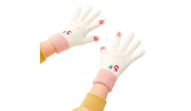 Women's winter telephone gloves with a snowman and a Christmas tree - white and pink