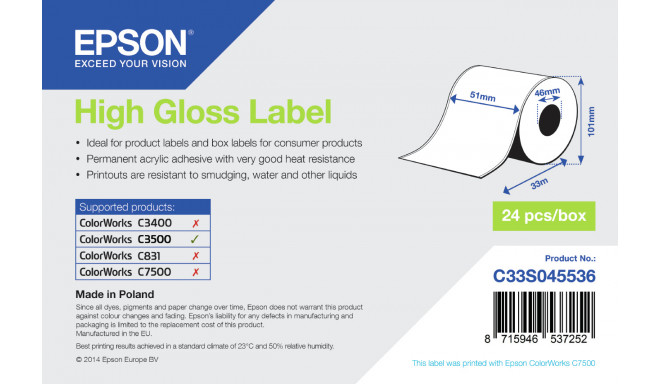 Epson High Gloss Label - Continuous Roll: 51mm x 33m
