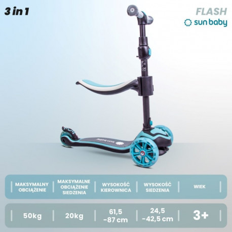 Flash 3-ühes jooksuratas tõukeratas rula LED-ratastega, pastelsinine