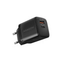 Axagon Sil wallcharger 2x port (USB-A + USB-C), PD3.0/QC4+/PPS/AFC/Apple. 30W total power.