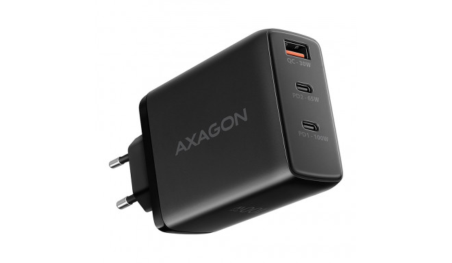 AXAGON ACU-DPQ100 GaN Wall charger, 3x port (USB + dual USB-C), PD3.0/QC4+/PPS/Apple, 100W, black