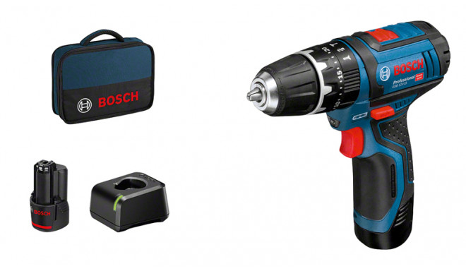 Bosch cordless hammer drill GSB 12V-15 Professional, 12 volt (blue / black, 2x Li-ion battery 2.0Ah)