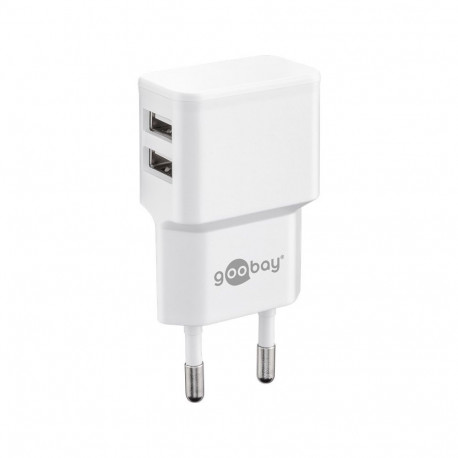 USB laadija 2 x USB-A, 100 - 240V > 5V, 2.4A, 5W, pordid küljel, valge