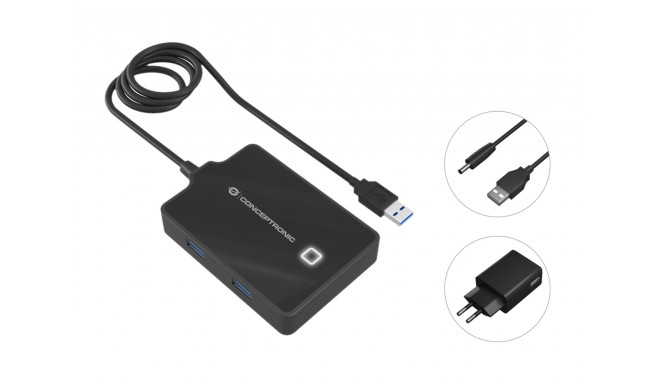 Conceptronic HUBBIES 4-Port USB 3.0 HUB with Power Adapter, 90cm cable