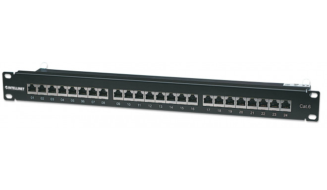 Intellinet Patch Panel, Cat6, FTP, 24-Port, 1U, Shielded, 90° Top-Entry Punch-Down Blocks, Black