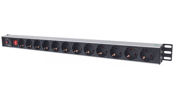 Intellinet Vertical Rackmount 12-Way Power Strip - German Type, With On/Off Switch and Overload Prot