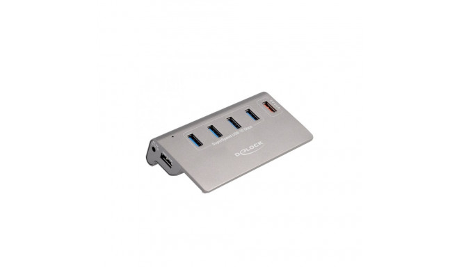 DeLOCK USB 10 Gbps hub with 4 USB Type-A ports + 1 quick charging port, USB hub (grey, incl. power s
