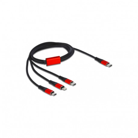 DeLOCK USB charging cable, USB-C plug > Micro-USB + USB-C + Lightning plug (black/red, 1 meter, slee