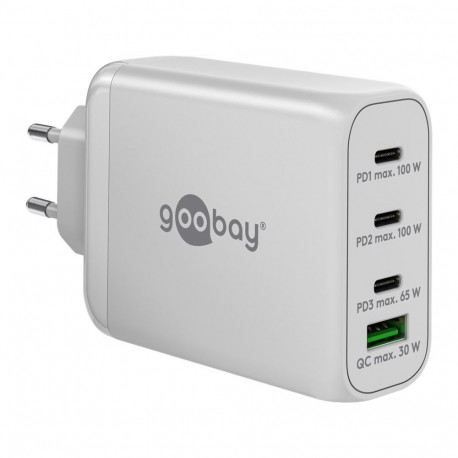 goobay USB-C PD multiport quick charger 100 watts (white, 1x USB-A QC, 3x USB-C PD, GaN technology)