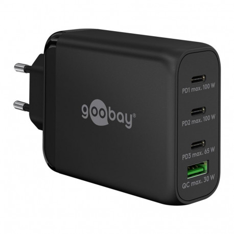 goobay USB-C PD multiport quick charger 100 watts (black, 1x USB-A QC, 3x USB-C PD, GaN technology)