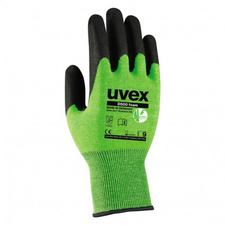 Safety gloves Uvex D500 foam, cut level D/5,Bamboo, Dyneema, steel, polyamide. HPE coating, green, s
