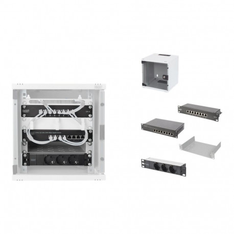 Digitus 10" võrgukomplekt, 6U kapp, riiul, PDU, 8-pordiline lüliti, CAT 6 jaotuspaneel, hall DN-10-S