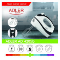 Adler | AD 4205 b | Mixer | Hand Mixer | 300 W | Number of speeds 5 | Turbo mode | White/Black